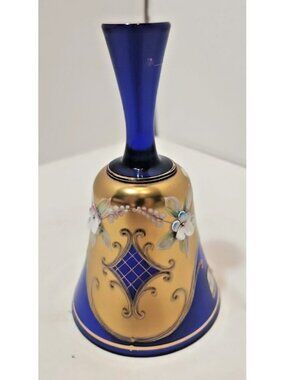 Vtg Bohemian Cobalt Blue Gilted Gold Accents Floral Glass Bell Czechoslovakia